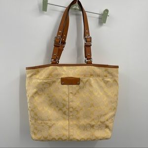 Coach Canvas Shoulder Bag Yellow with Leather Straps Zip Top